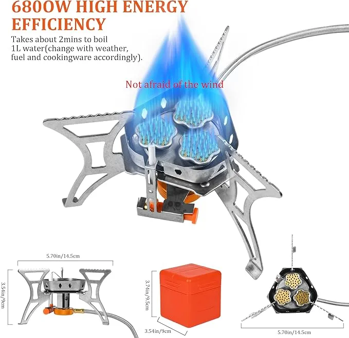 6800W Camping Backpacking Stove, Outdoor Portable Burner Cooking Stove with Fuel Canister Adapter, Piezo Ignition, Carry Case, Foldable Windproof Camping Gas Stove for Picnic Hiking