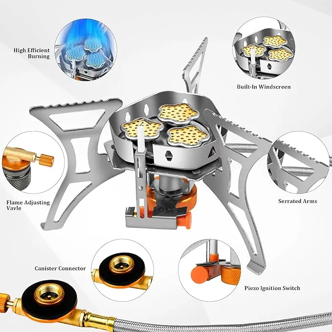 6800W Camping Backpacking Stove, Outdoor Portable Burner Cooking Stove with Fuel Canister Adapter, Piezo Ignition, Carry Case, Foldable Windproof Camping Gas Stove for Picnic Hiking