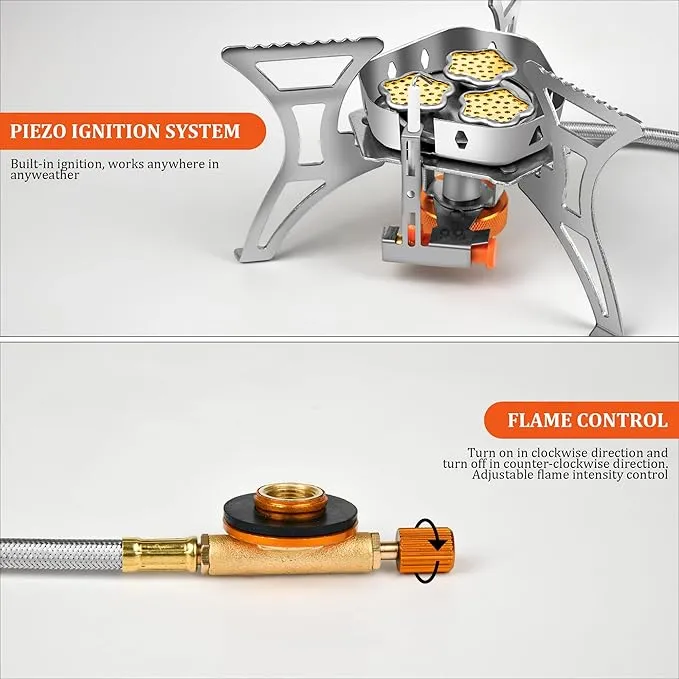 6800W Camping Backpacking Stove, Outdoor Portable Burner Cooking Stove with Fuel Canister Adapter, Piezo Ignition, Carry Case, Foldable Windproof Camping Gas Stove for Picnic Hiking