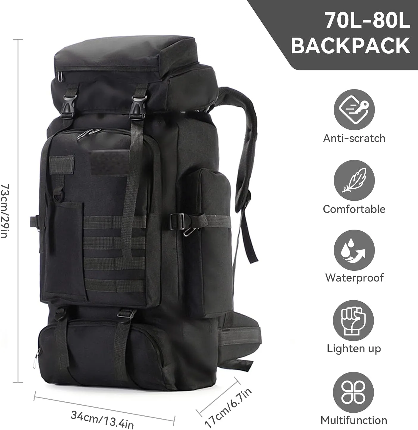 75L Hiking Backpack Outdoor Trekking Bag Lightweight Waterproof