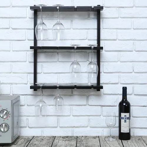 Black Wood Wall-Mounted 12 Wine Glass Holder Rack