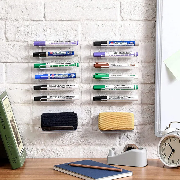 Clear Acrylic Wall Mounted Whiteboard Organizer Rack, Storage Shelf for Dry Erase Markers and Eraser Slot, Set of 2