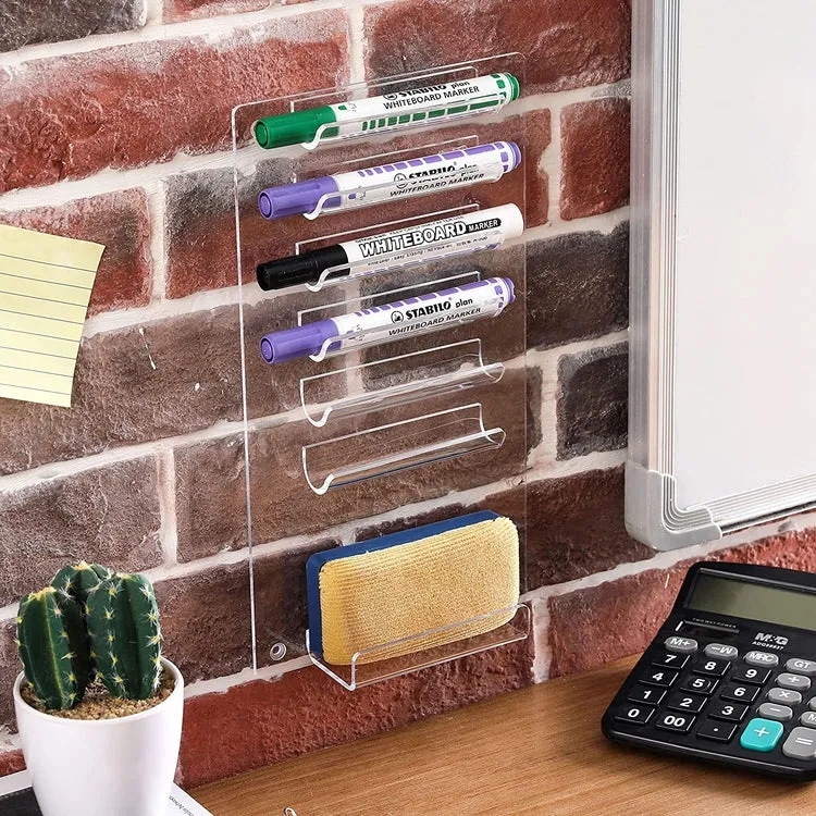 Clear Acrylic Wall Mounted Whiteboard Organizer Rack, Storage Shelf for Dry Erase Markers and Eraser Slot, Set of 2