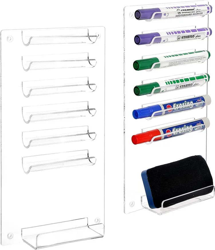 Clear Acrylic Wall Mounted Whiteboard Organizer Rack, Storage Shelf for Dry Erase Markers and Eraser Slot, Set of 2