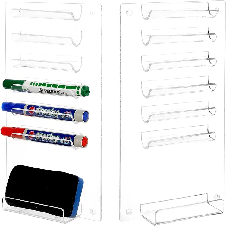 Clear Acrylic Wall Mounted Whiteboard Organizer Rack, Storage Shelf for Dry Erase Markers and Eraser Slot, Set of 2