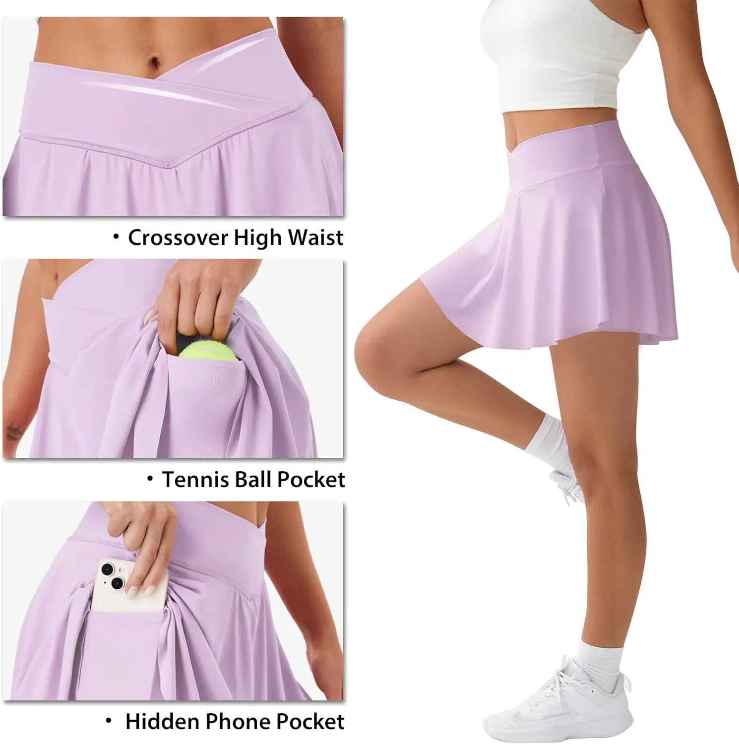 FireSwan Tennis Skirt for Women with Pockets Shorts Crossover High Waisted Pleated Golf Skorts Athletic Workout Skirts
