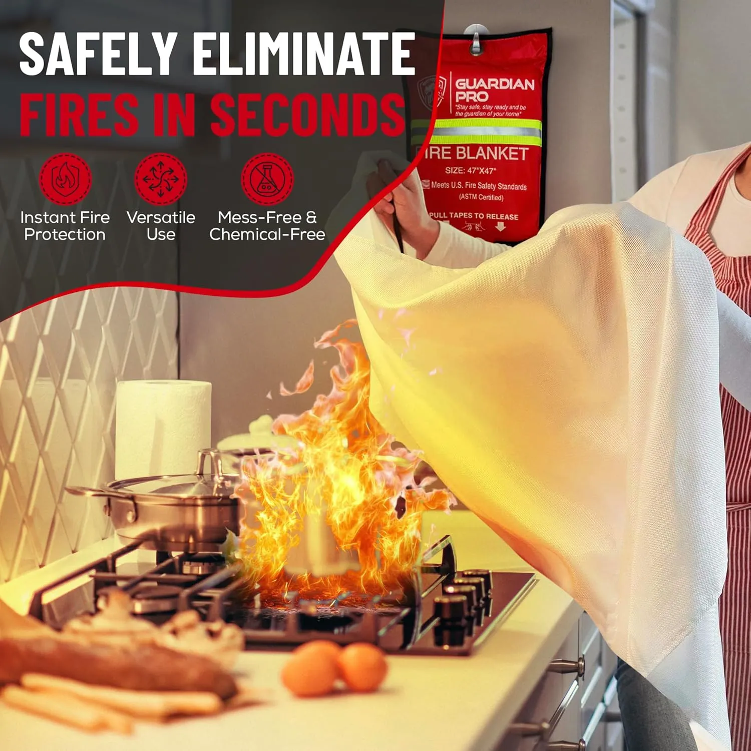 Guardian Pro New 2025 Emergency Fire Blanket for Home and Kitchen - 1 Pack Over 40"x40" Flame Suppression Fiberglass Fire Blankets for House Camping Car Office Warehouse Emergency Survival Safety