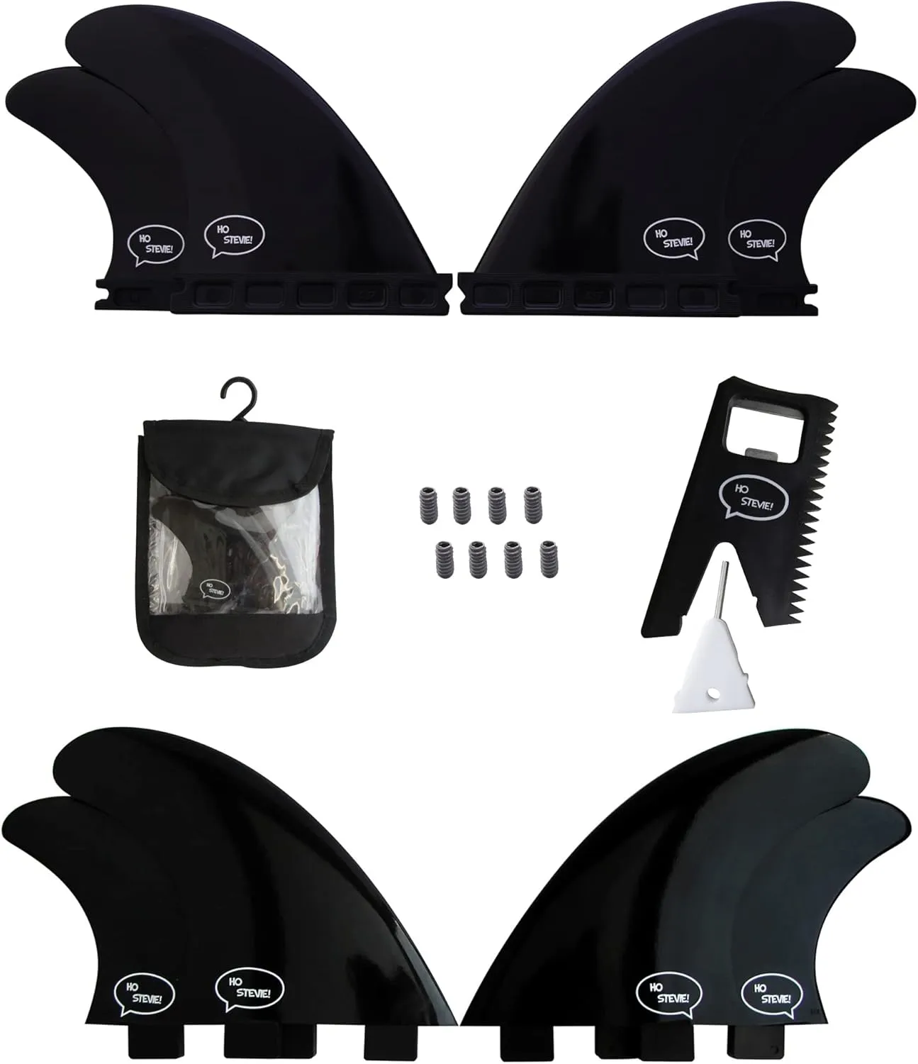 Ho Stevie! FRP Quad (4) Surfboard Fins - Speed and Drive - Stronger Than Regular Nylon Fins - Includes Fin Bag, Screws, Wax Comb and Fin Key