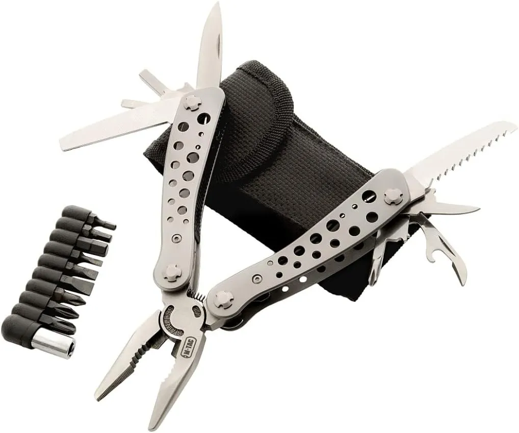 M-Tac Type 1 Multitool Screwdriver with 9 bits - 11-in-1 Stainless Steel Utility Tools with Knife Saw Pliers - EDC Outdoor Multi Tool in Nylon Case (Gray)