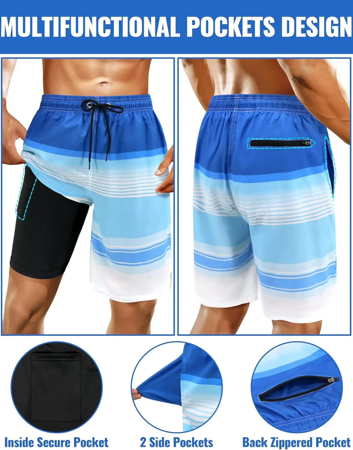 Mens Swim Trunks with Compression Liner Mens Bathing Suit 9 Inch Quick Dry Mens Board Shorts Swimwear Mens Swim Shorts
