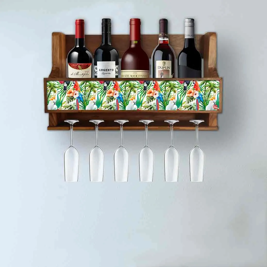 Nutcase Designer Wooden Wine Rack Gloss Holder, Teak Wood Wall Mounted Wine
 Cabinet , 5 bottle Hangers for 6 Wine Glasses -  Tropical Jungle