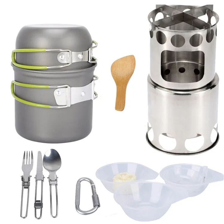 Outdoor Hiking Camping Wood Stove Set With Cutlery(Fruit Green Handle)