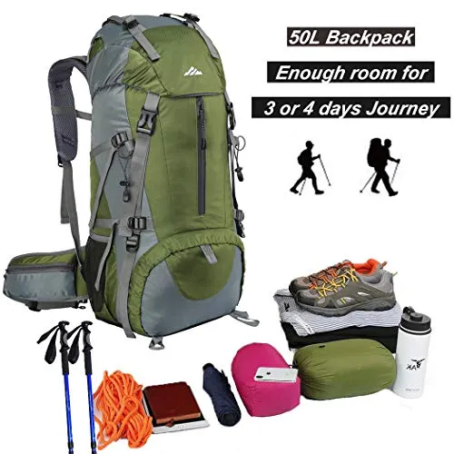 seenlast 50L Unisex Travel Hiking Backpack Outdoor Sport Daypack Water-Resistant Bag with Rain
