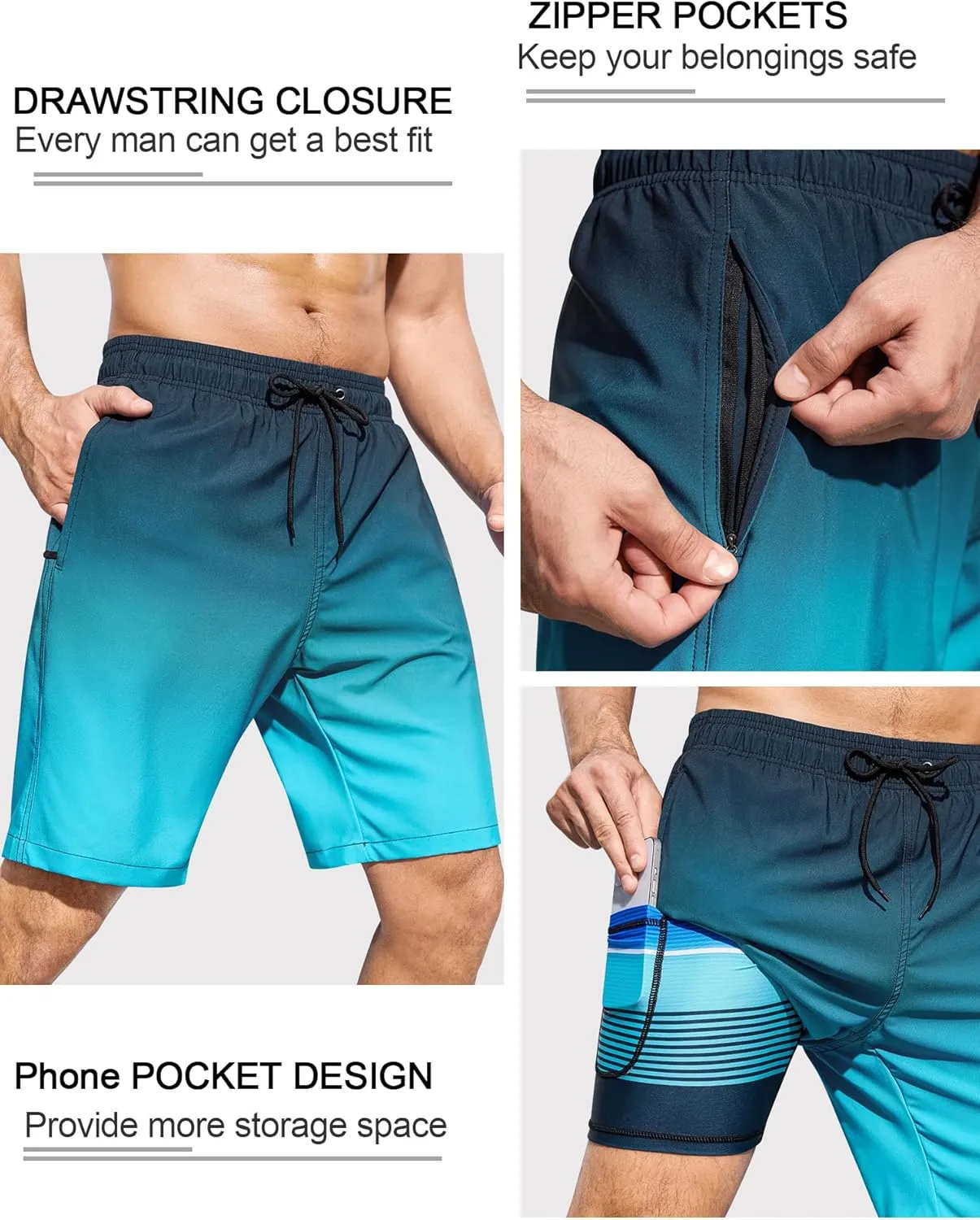 SILKWORLD Mens Swimming Trunks with Compression Liner 2 in 1 Quick-Dry 9" Swim Shorts with Zipper Pockets