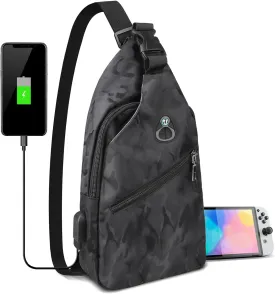 Sling Crossbody Backpack for Nintendo Switch/2/Lite/OLED, Portable Waterproof Shoulder Chest Carrying Travel Bag for NS Console Dock Joy-Cons & Accessories Storage for Men, USB Charging Port, Black