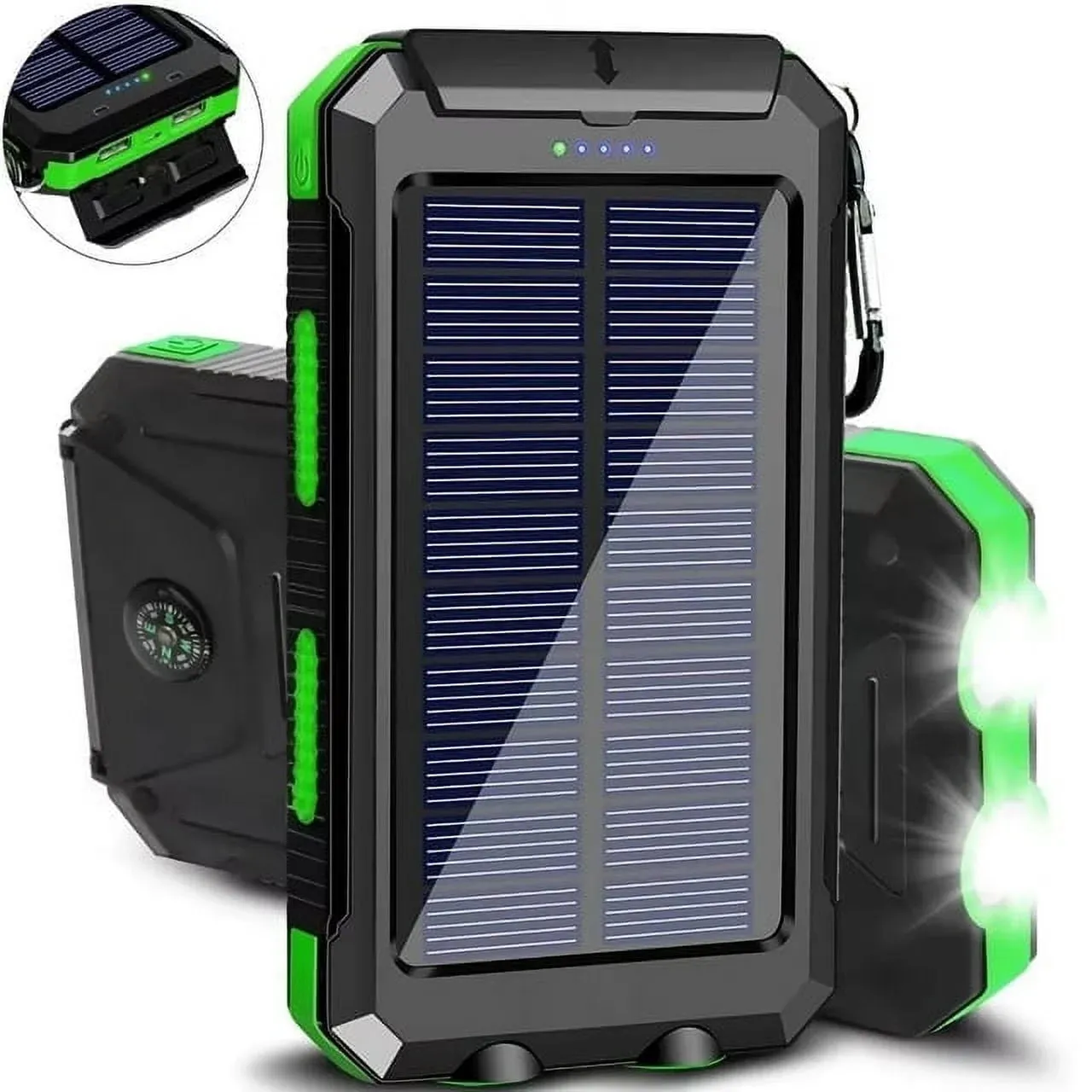 Solar Charger Dual 5V USB Ports, 2 Leds, Compass (Green)