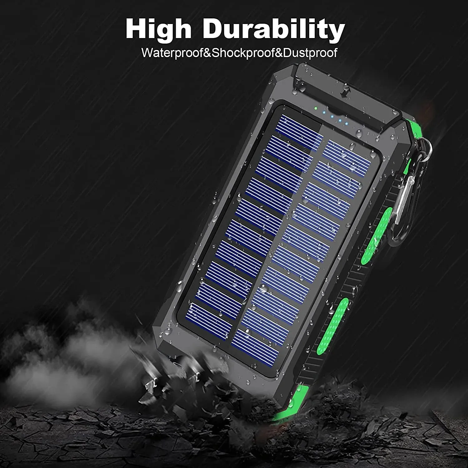 Solar Charger Dual 5V USB Ports, 2 Leds, Compass (Green)