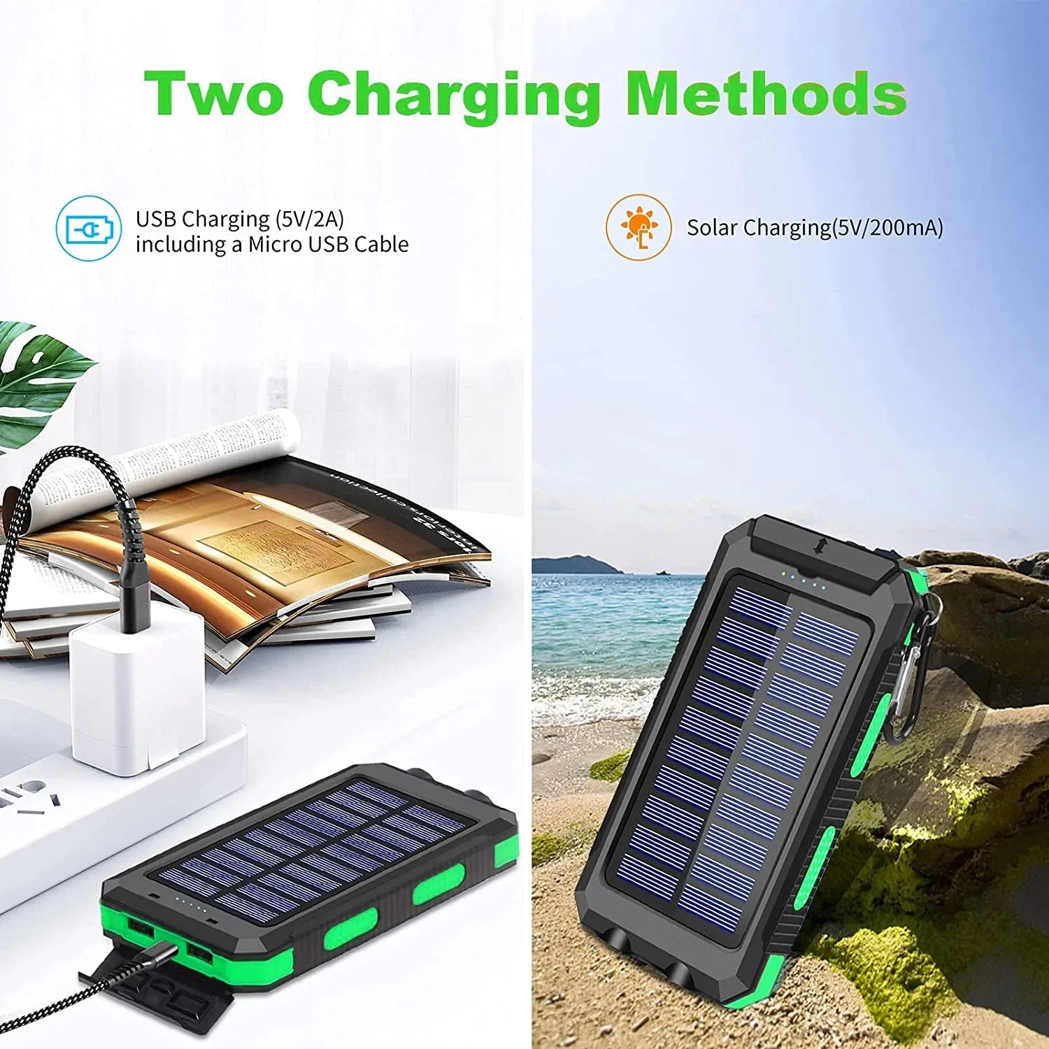 Solar Charger Dual 5V USB Ports, 2 Leds, Compass (Green)