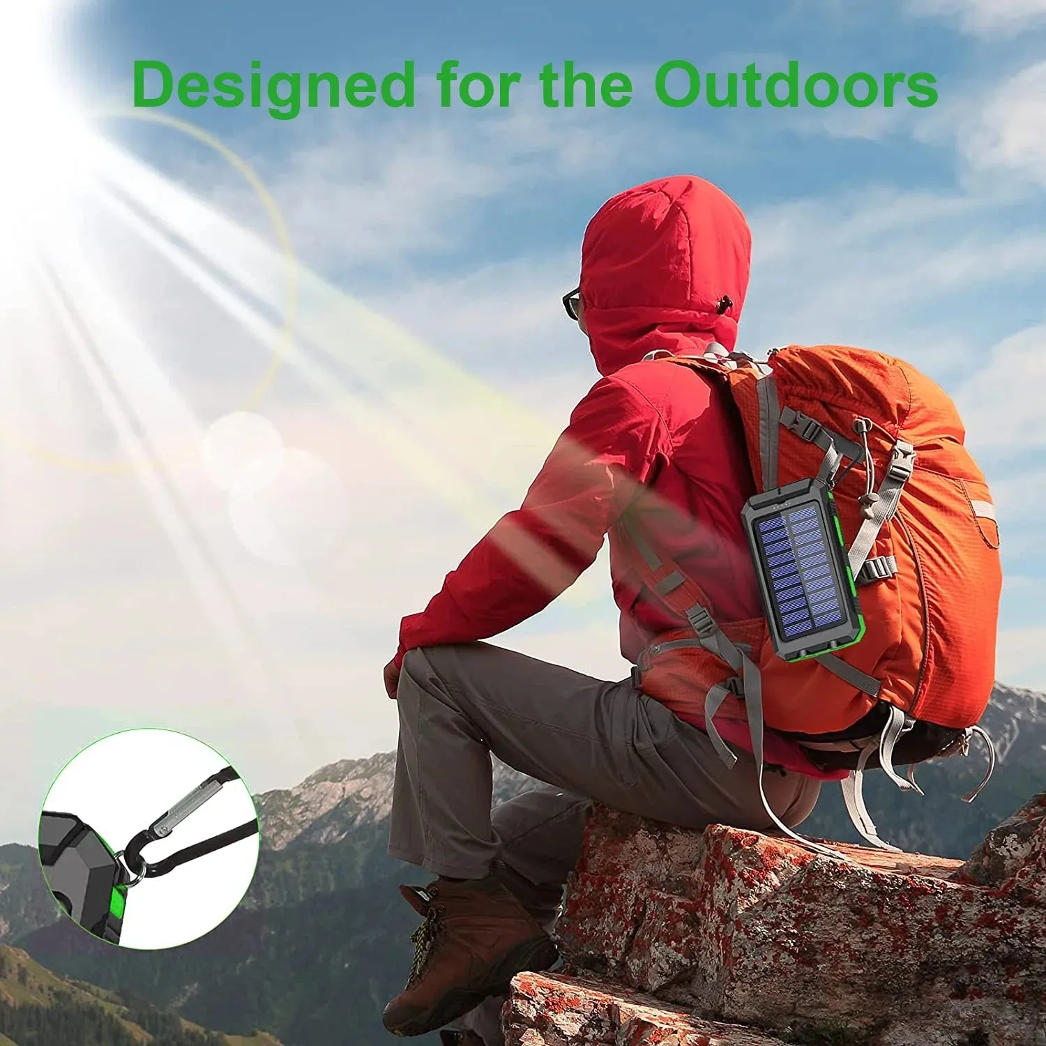 Solar Charger Dual 5V USB Ports, 2 Leds, Compass (Green)