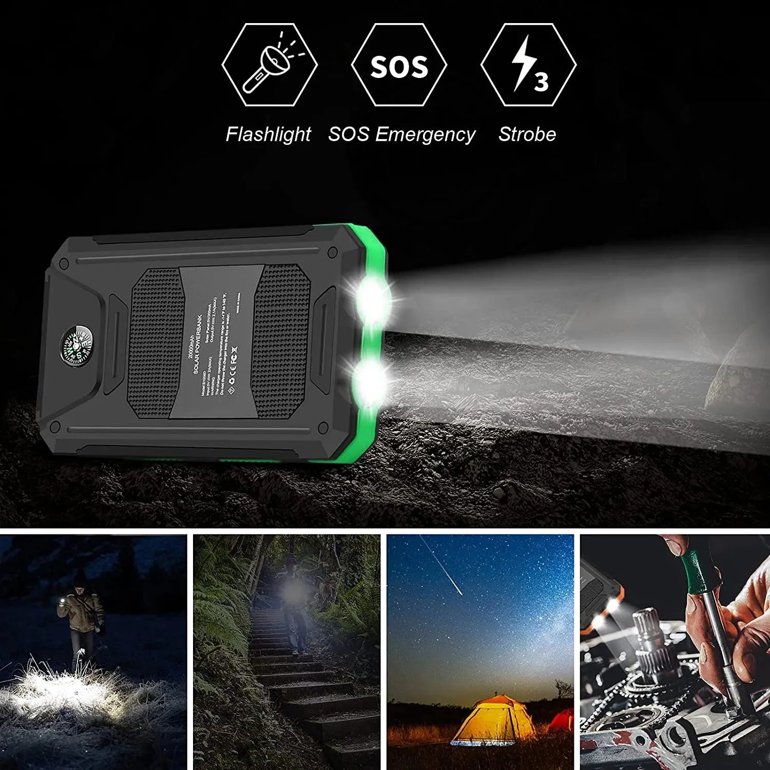 Solar Charger Dual 5V USB Ports, 2 Leds, Compass (Green)