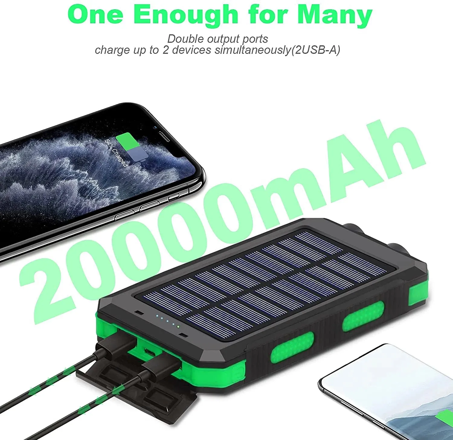 Solar Charger Dual 5V USB Ports, 2 Leds, Compass (Green)