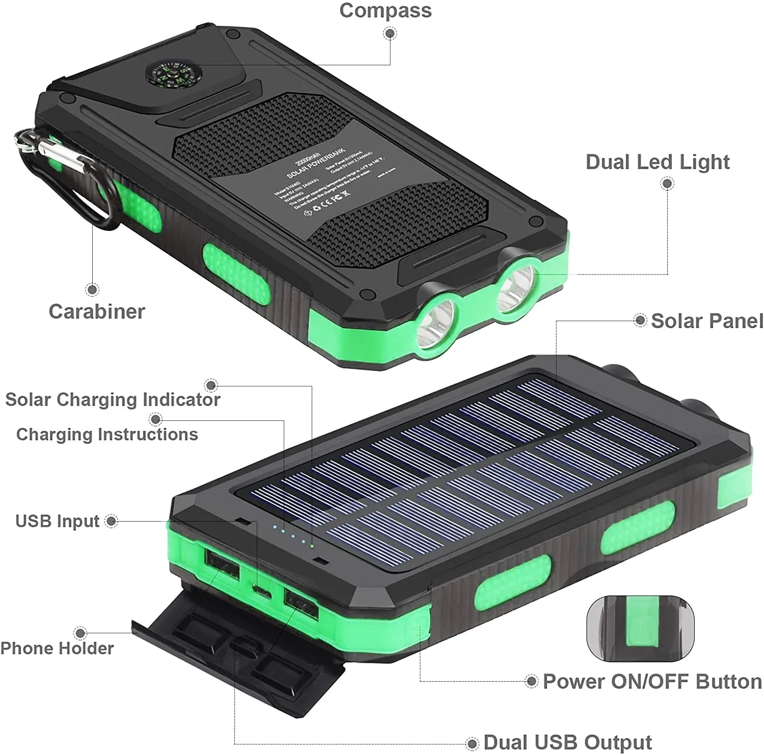 Solar Charger Dual 5V USB Ports, 2 Leds, Compass (Green)