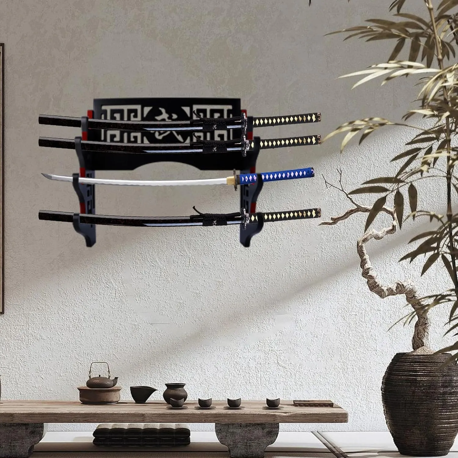 Sword Holder Katana Wall Mount - Velvet Padded Katana Stand Samurai Rack Samurai Sword Display Rack Wand Wakizashi Sword Stand Zoro Animation Sword Display 4 Tier 