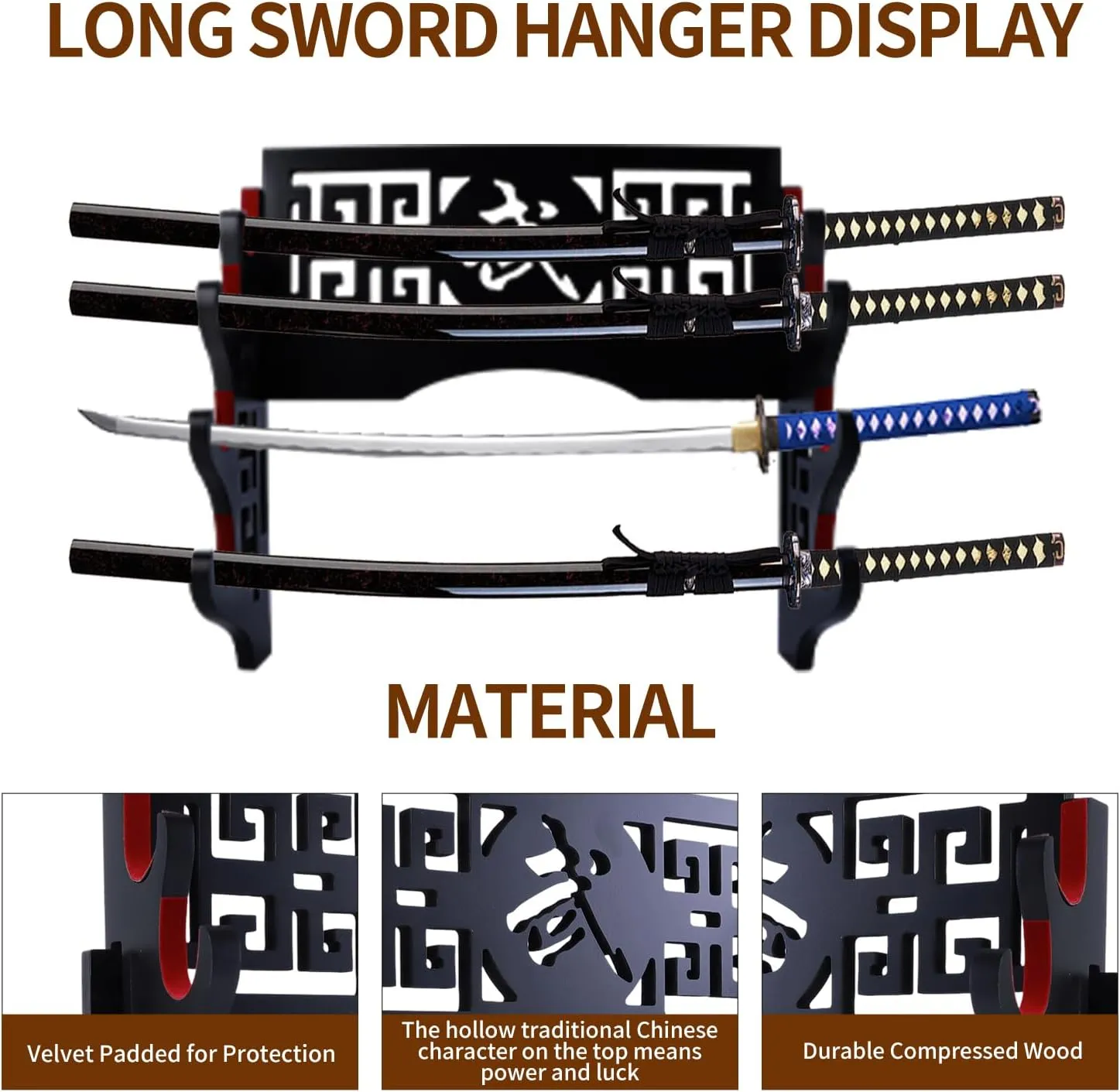 Sword Holder Katana Wall Mount - Velvet Padded Katana Stand Samurai Rack Samurai Sword Display Rack Wand Wakizashi Sword Stand Zoro Animation Sword Display 4 Tier 