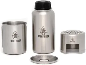 The Pathfinder School Stainless Steel 32oz Water Bottle, Cup with Bat Wing Handles, and Stove Set