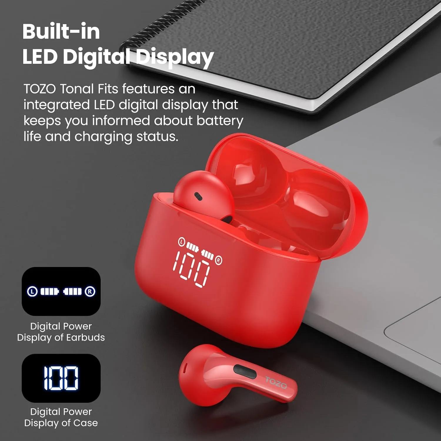 TOZO T21 Wireless Earbuds Bluetooth 5.3 in Ear Headphones Dual Mic Call Noise Cancelling IPX8 Waterproof 44H Playback Stereo Sound with LED Display Wireless Charging Case 32 EQs via APP Red