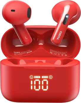 TOZO T21 Wireless Earbuds Bluetooth 5.3 in Ear Headphones Dual Mic Call Noise Cancelling IPX8 Waterproof 44H Playback Stereo Sound with LED Display Wireless Charging Case 32 EQs via APP Red