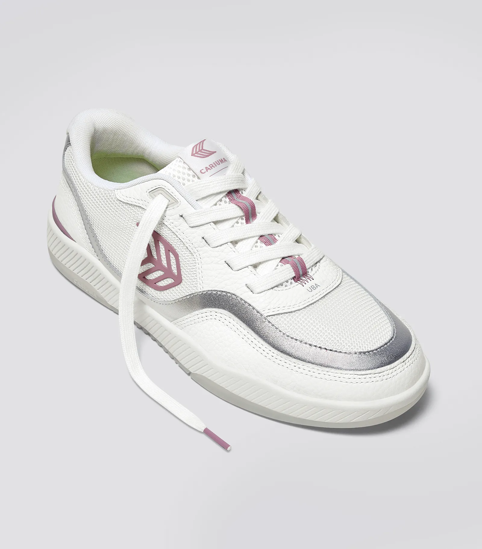 UBA White Leather and Suede Blush Pink Logo Silver Accents Sneaker Women