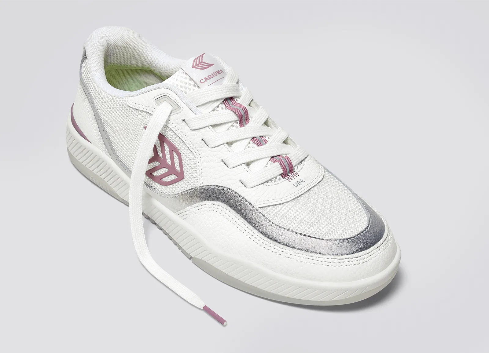 UBA White Leather and Suede Blush Pink Logo Silver Accents Sneaker Women