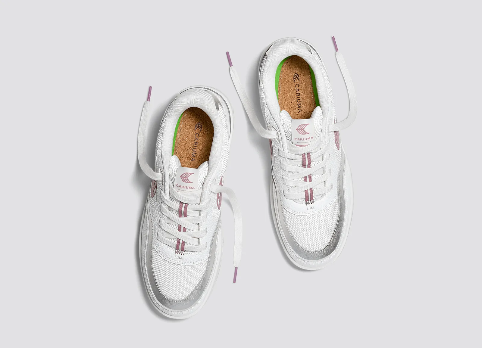 UBA White Leather and Suede Blush Pink Logo Silver Accents Sneaker Women