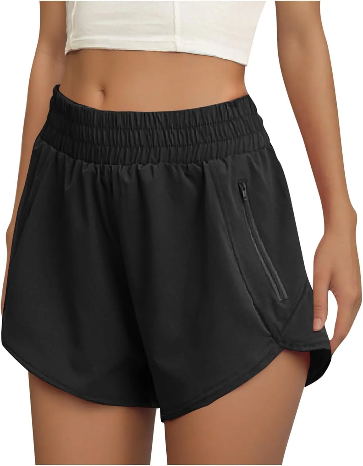 Women's Athletic Shorts High Waisted Running Solid Shorts with Zip Pocket Side Split Short Gym Elastic Workout Pants